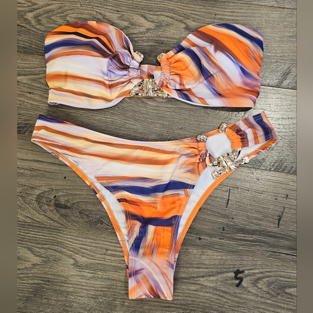 sz L Strapless Glam Colorful Resort Vacation Bikini Gold Beach Pool Spring Break
